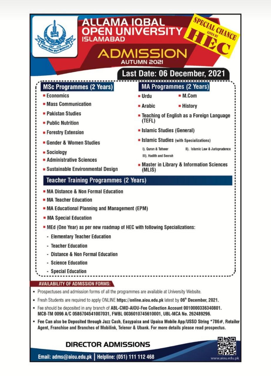 Aiou MA,MSc Admission 2021