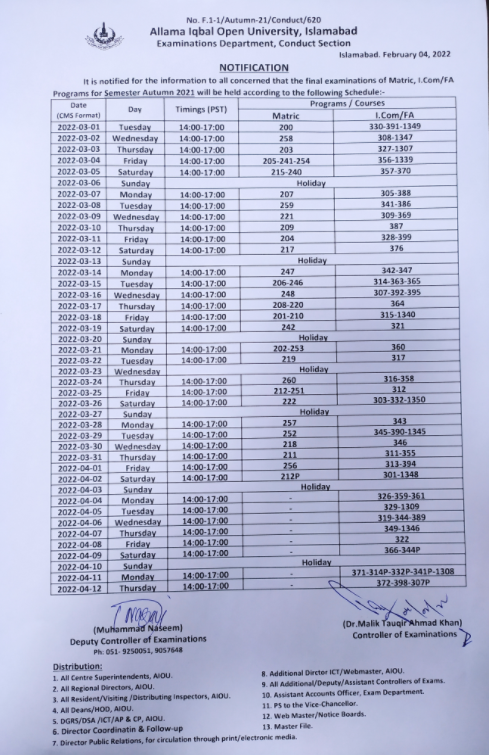 AIOU Exam Date Sheet Autumn 2021 | Check AIOU Exam Date Sheet