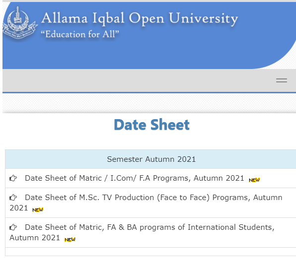 AIOU Date Sheet for Matric, FA, BA, MA Courses Programs 2022-23