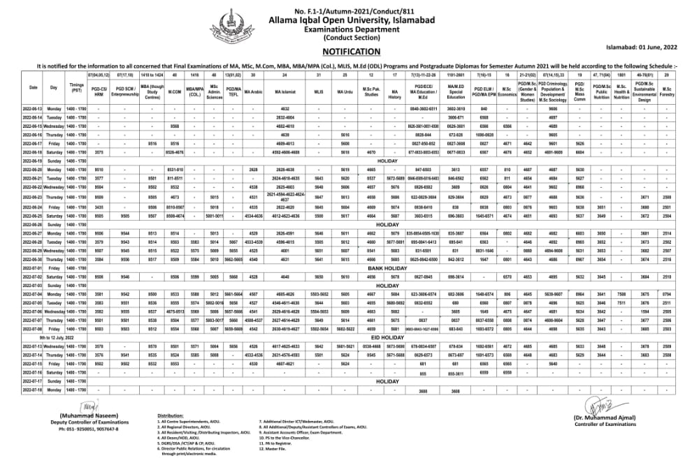 AIOU AUTUMN DATESHEET 2022 (MA, MSC, M.COM, MBA, MLIS, MED, PGD)