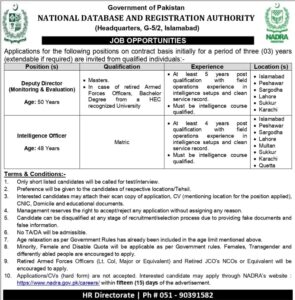 NATIONAL DATABASE AND REGISTRATION AUTHORITY NADRA JOBS 2022 (Matric base)