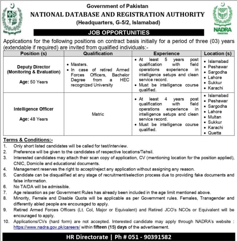 NATIONAL DATABASE AND REGISTRATION AUTHORITY NADRA JOBS 2022 (Matric base)