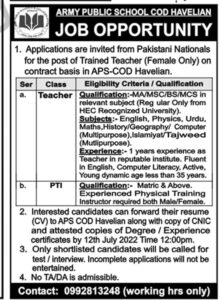 NEW JOBS IN ARMY PUBLIC SCHOOL (APS) COD HAVELIAN 2022