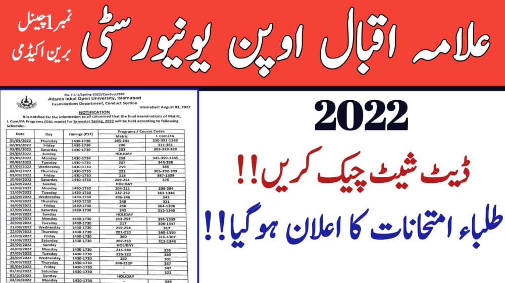 AIOU Spring 2022 Exam Date Sheet