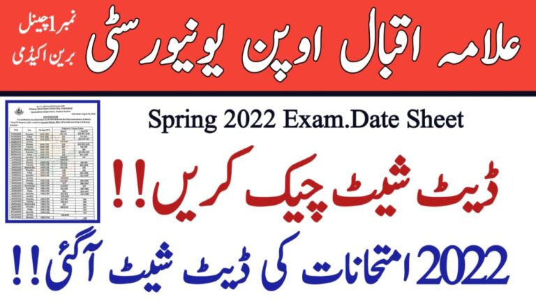 The AIOU Matric Intermediate Exam Date Sheet for Spring 2022