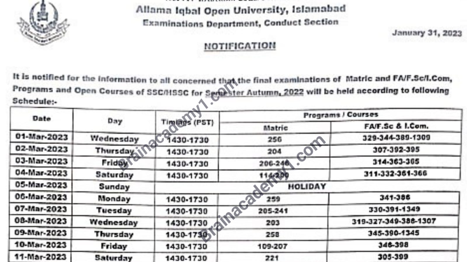 aiou last date of assignment autumn 2022